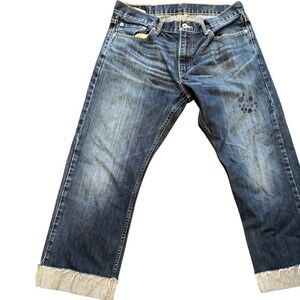 Levis Womens 514 Straight Fit Jean Blue Distressed Raw Roll Hem 34 Crop Detail